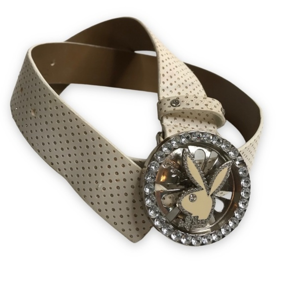 Playboy Cream Perforated Belt Rhinestone Spinner Bunny Buckle Y2K Statement